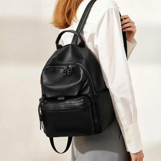Aidrani Black Genuine Cowhide Backpack for Women, Soft Leather Multi‑Pocket Rucksack, Zipper Daypack for Travel Work School