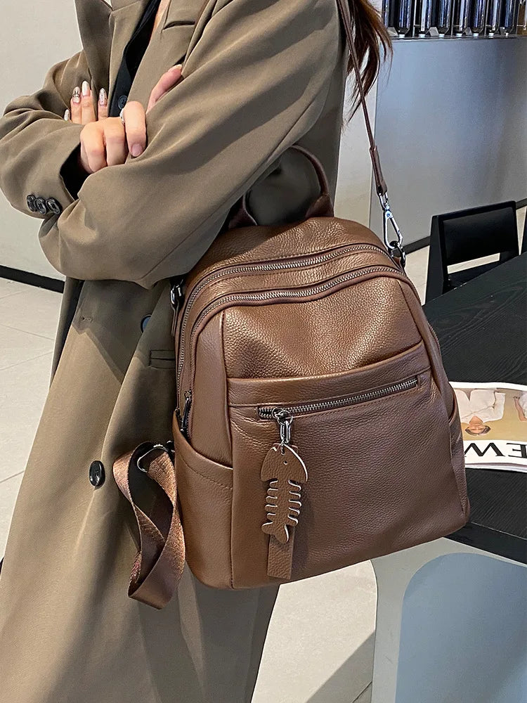 Genuine Cowhide New Casual Backpack, Aidrani Women Leather Rucksack, Fashion Shoulder Bag for Travel Work Daily Use