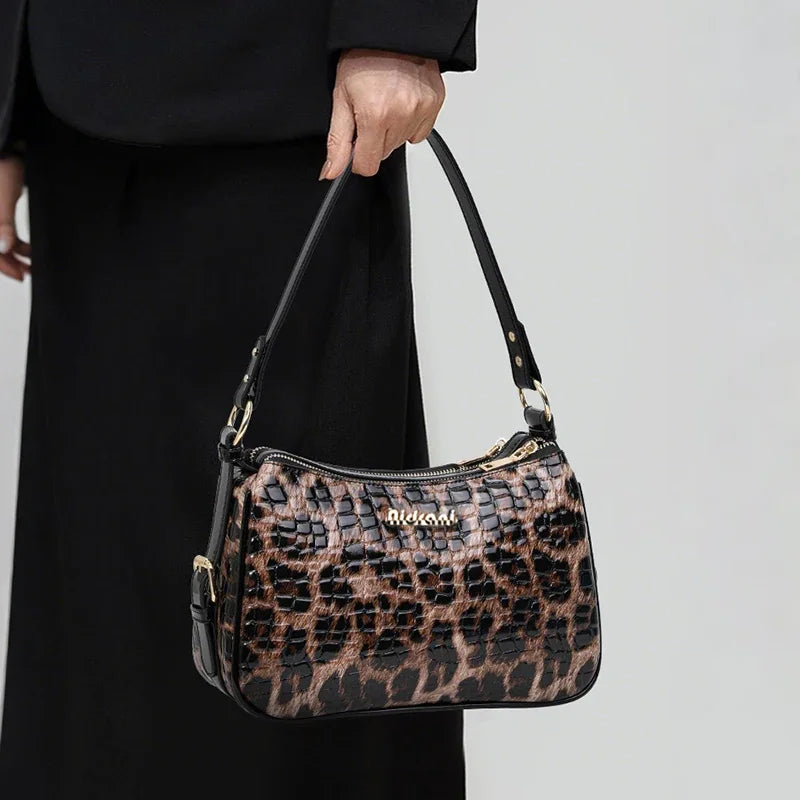 Aidrani Leopard & Croc Embossed Cowhide Women Shoulder Bag, Multi-Pocket Hobo Bag, Adjustable Strap