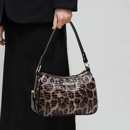 Aidrani Leopard & Croc Embossed Cowhide Women Shoulder Bag, Multi-Pocket Hobo Bag, Adjustable Strap