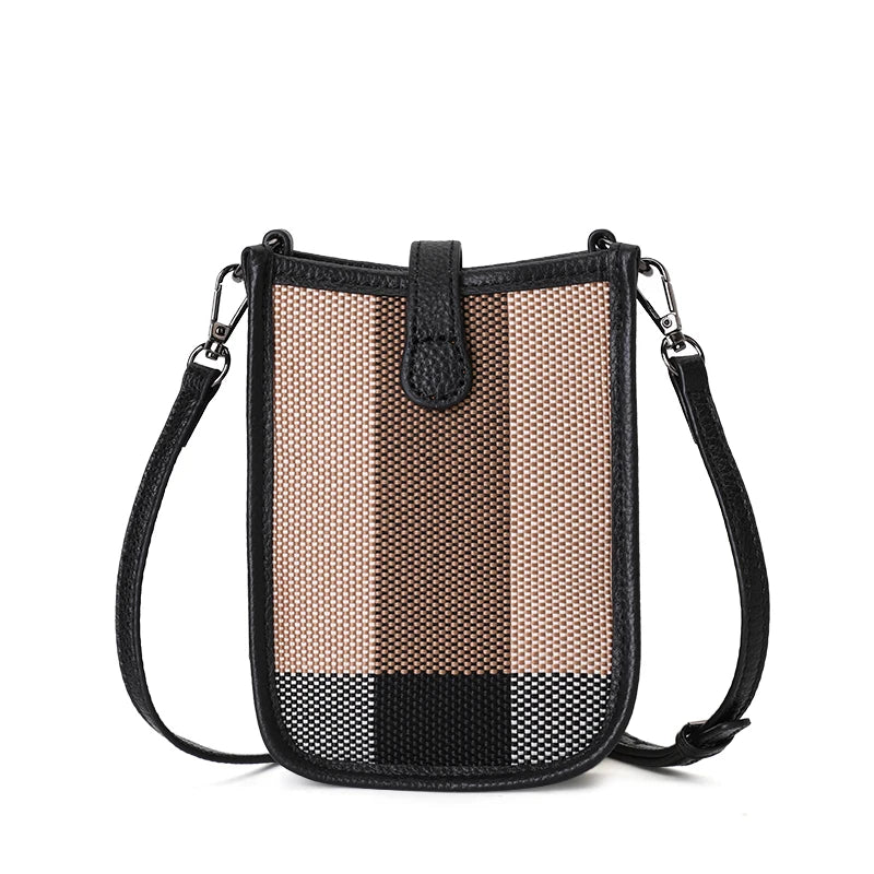 Aidrani Genuine Cowhide Women Small Sling Phone Bag, Plaid Fabric Crossbody Handbag, Lightweight Mini Shoulder Purse for Travel