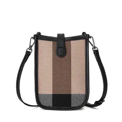 Aidrani Genuine Cowhide Women Small Sling Phone Bag, Plaid Fabric Crossbody Handbag, Lightweight Mini Shoulder Purse for Travel