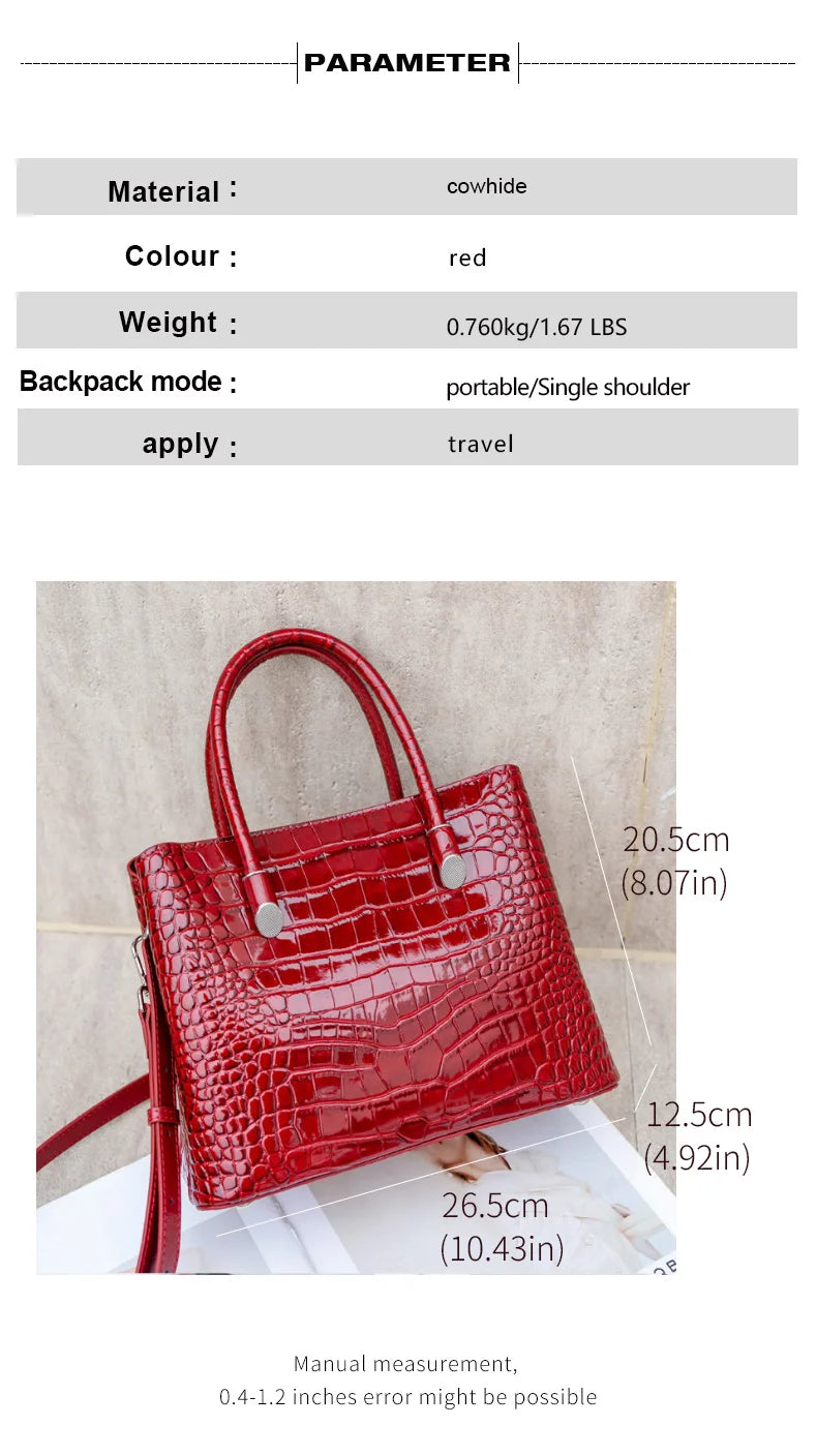 Aidrani Women Genuine Cowhide Handbag, Glossy Crocodile Embossed Top Handle Bag, Detachable Strap Crossbody Shoulder Purse