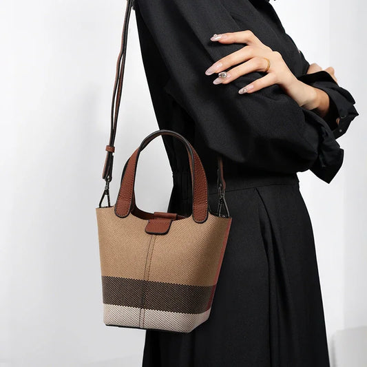 Aidrani New Mini Plaid Canvas Cowhide Tote Bag Women Lightweight Portable Top Handle Small Daily Handbag For Shopping