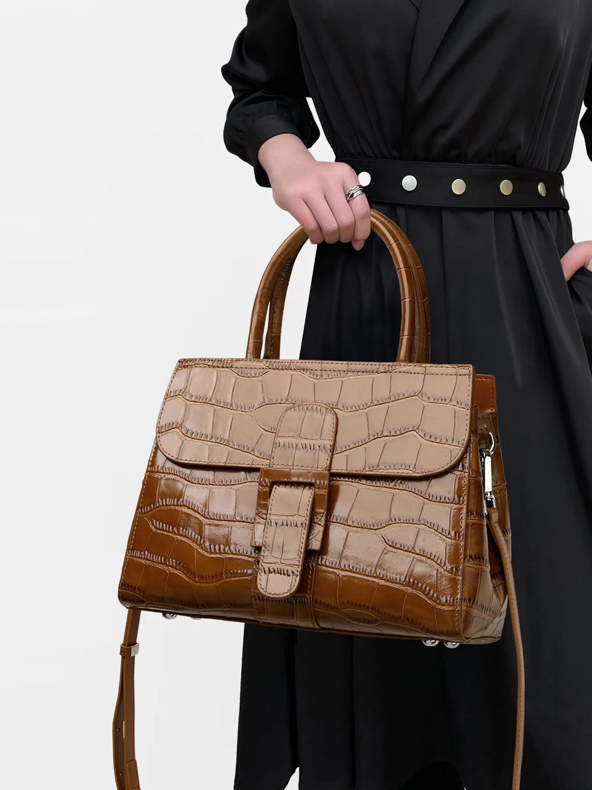 Aidrani Women Handbag, Genuine Cowhide Crocodile Pattern Top Handle Bag, Detachable Strap Crossbody Shoulder Purse, Multi Pocket