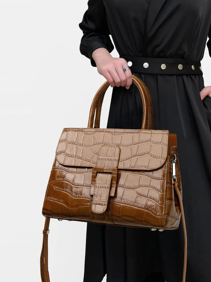 Aidrani Women Handbag, Genuine Cowhide Crocodile Pattern Top Handle Bag, Detachable Strap Crossbody Shoulder Purse, Multi Pocket