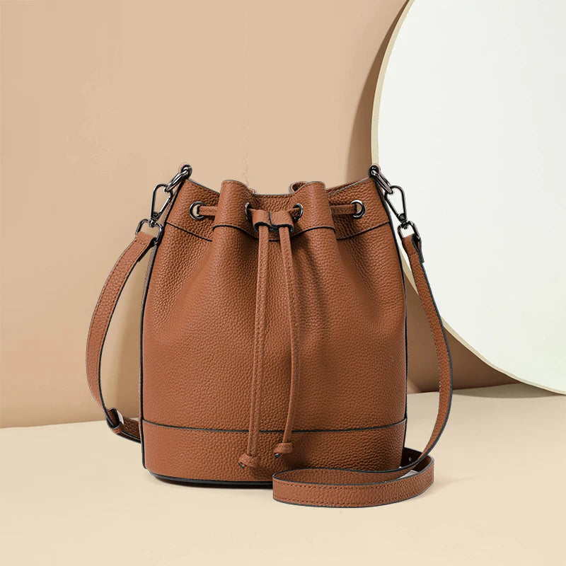 Aidrani New Style Textured Genuine Leather Bucket Bag for Women, Drawstring Closure, Color Block Fashion Shoulder Handbag