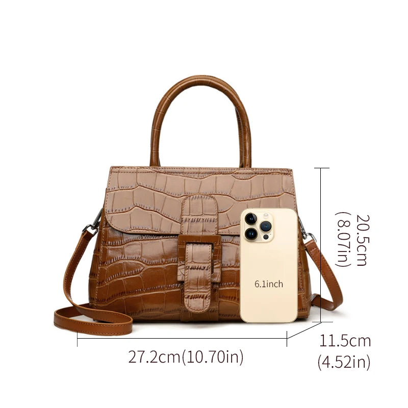 Aidrani Women Handbag, Genuine Cowhide Crocodile Pattern Top Handle Bag, Detachable Strap Crossbody Shoulder Purse, Multi Pocket