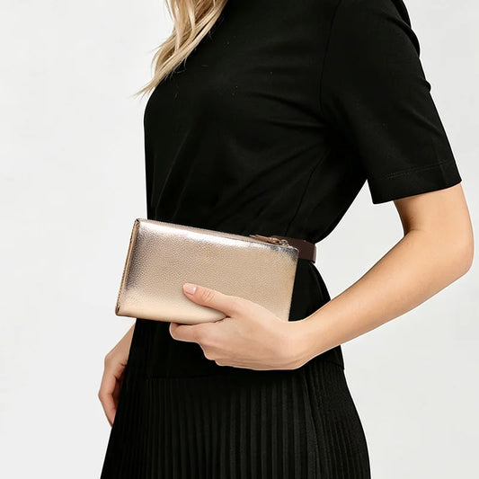 Aidrani Genuine Cowhide Ladies Zipper Wallet, Metallic Finish Long Clutch Purse, Multi Card Holder Leather Handbag for Women