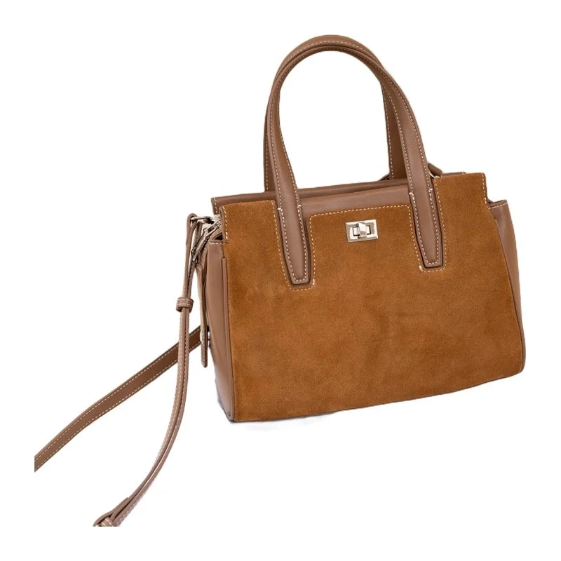 Genuine Top Layer Cowhide Suede Small Square Bag, Aidrani Retro Top Handle Handbag, Women Elegant Purse with Crossbody Strap for