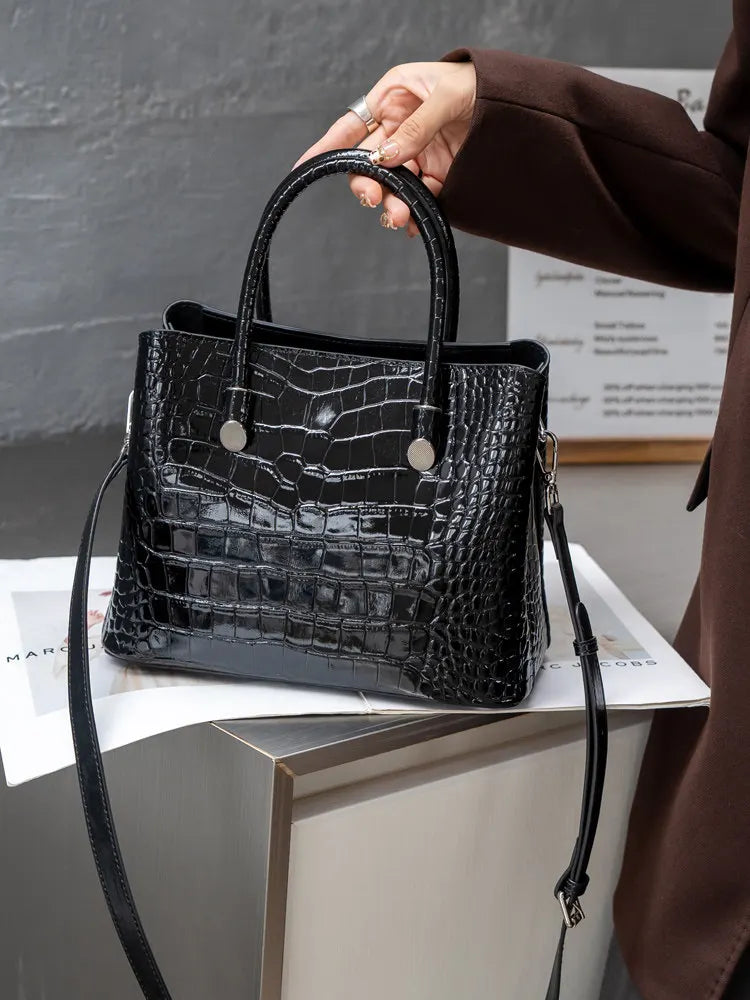 Aidrani Women Genuine Cowhide Handbag, Glossy Crocodile Embossed Top Handle Bag, Detachable Strap Crossbody Shoulder Purse
