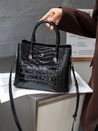 Aidrani Women Genuine Cowhide Handbag, Glossy Crocodile Embossed Top Handle Bag, Detachable Strap Crossbody Shoulder Purse