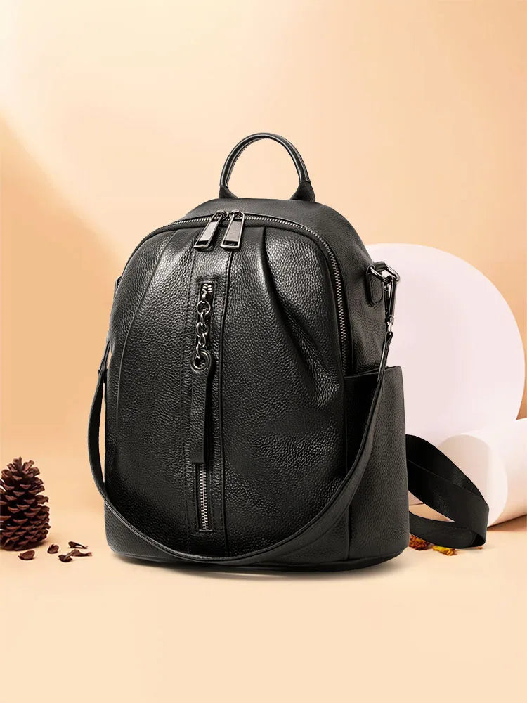 Genuine Cowhide Anti Theft Backpack Detachable Shoulder Strap Multi Pocket Ladies Leather Rucksack Daily Travel Shopping Work