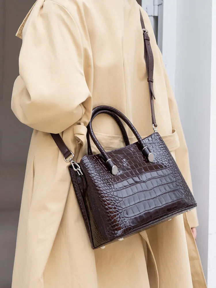 Aidrani Women Genuine Cowhide Handbag, Glossy Crocodile Embossed Top Handle Bag, Detachable Strap Crossbody Shoulder Purse