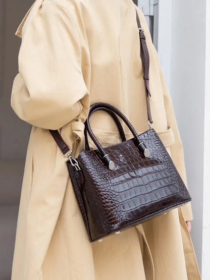 Aidrani Women Genuine Cowhide Handbag, Glossy Crocodile Embossed Top Handle Bag, Detachable Strap Crossbody Shoulder Purse