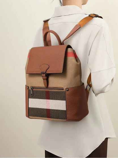 Aidrani Women's New Style Fashion Plaid Large-Capacity Casual Genuine Leather Backpack, Simple and Popular Travel Bag