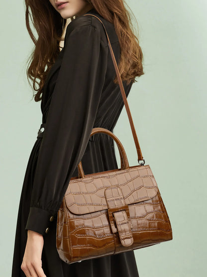 Aidrani Women Handbag, Genuine Cowhide Crocodile Pattern Top Handle Bag, Detachable Strap Crossbody Shoulder Purse, Multi Pocket