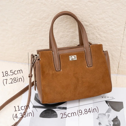 Genuine Top Layer Cowhide Suede Small Square Bag, Aidrani Retro Top Handle Handbag, Women Elegant Purse with Crossbody Strap for