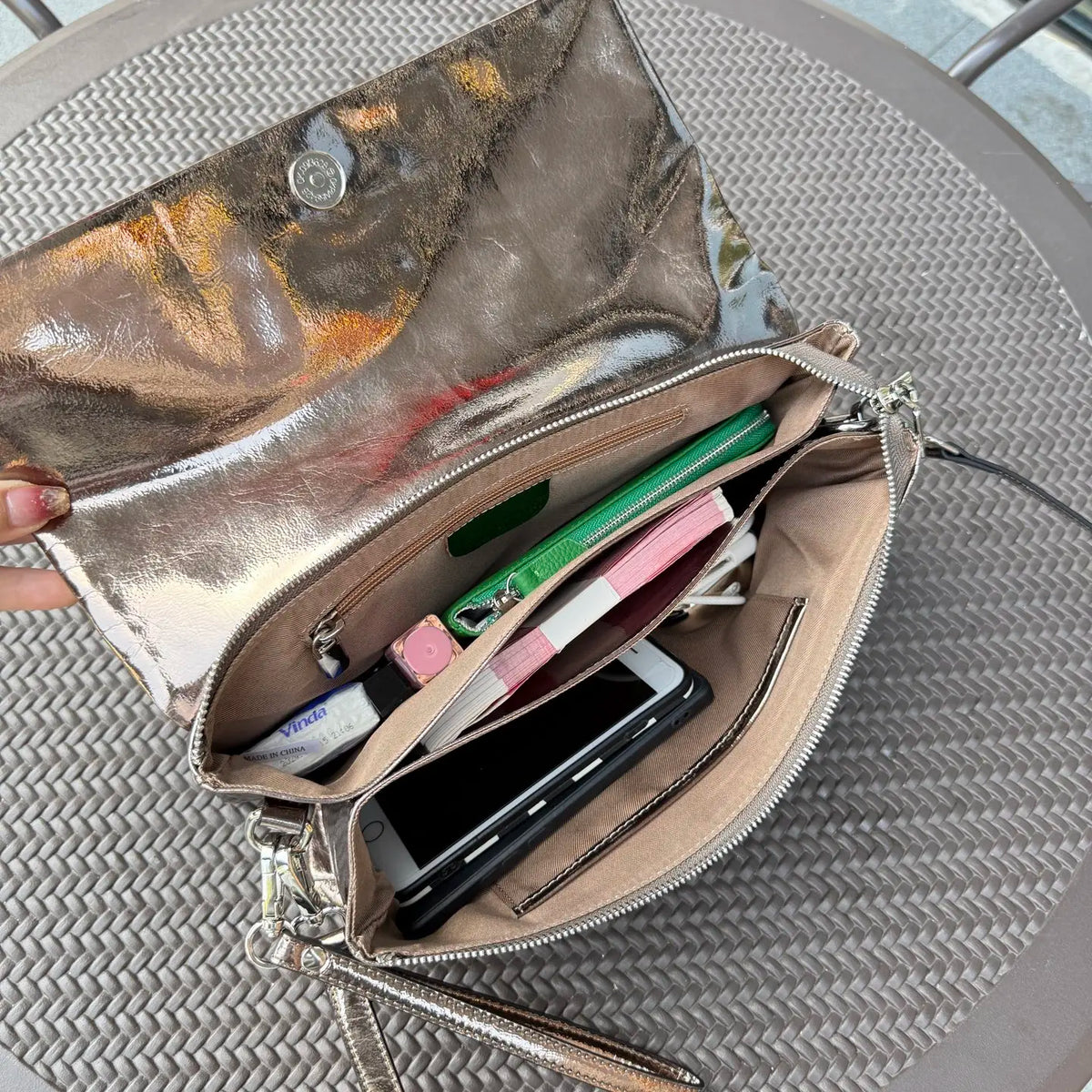 Genuine Cowhide Women Clutch Bag, Glossy Crinkled Leather with Metal Ring Top Handle, Aidrani Elegant Evening Shoulder Purse