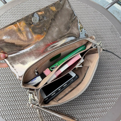 Genuine Cowhide Women Clutch Bag, Glossy Crinkled Leather with Metal Ring Top Handle, Aidrani Elegant Evening Shoulder Purse