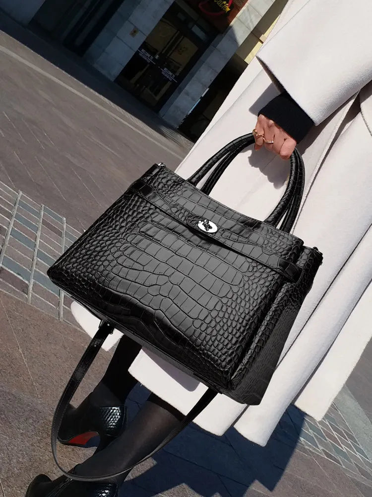 Aidrani Ladies Genuine Cowhide Tote Bag, Crocodile Print Top Handle Handbag, Removable Strap Crossbody Shoulder Purse