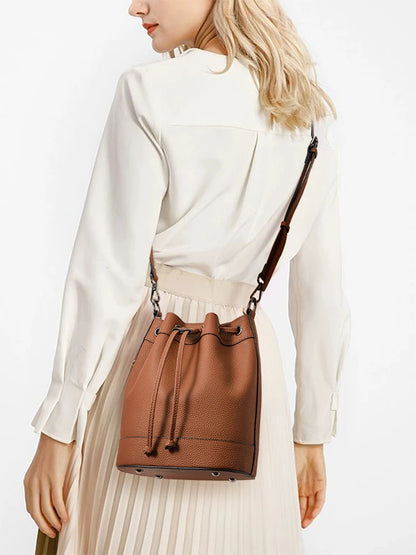 Aidrani New Style Textured Genuine Leather Bucket Bag for Women, Drawstring Closure, Color Block Fashion Shoulder Handbag