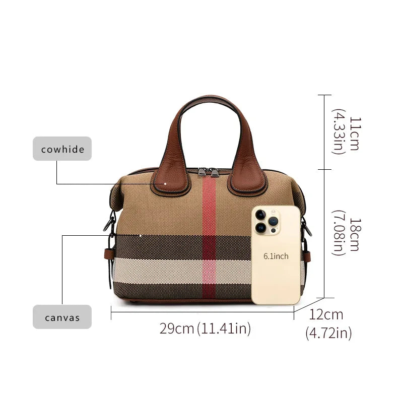 Aidrani 2026 New Checkered Ladies Handbag, Stylish Casual Large-Capacity Genuine Leather Tote Bag, Cowhide Trim Shoulder Bag