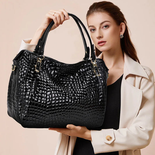 Aidrani Cowhide Glossy Croc Embossed Hobo Tote Bag, Detachable Cross Strap, Large Multi Pocket Ladies Shoulder Bag for Work & Tr