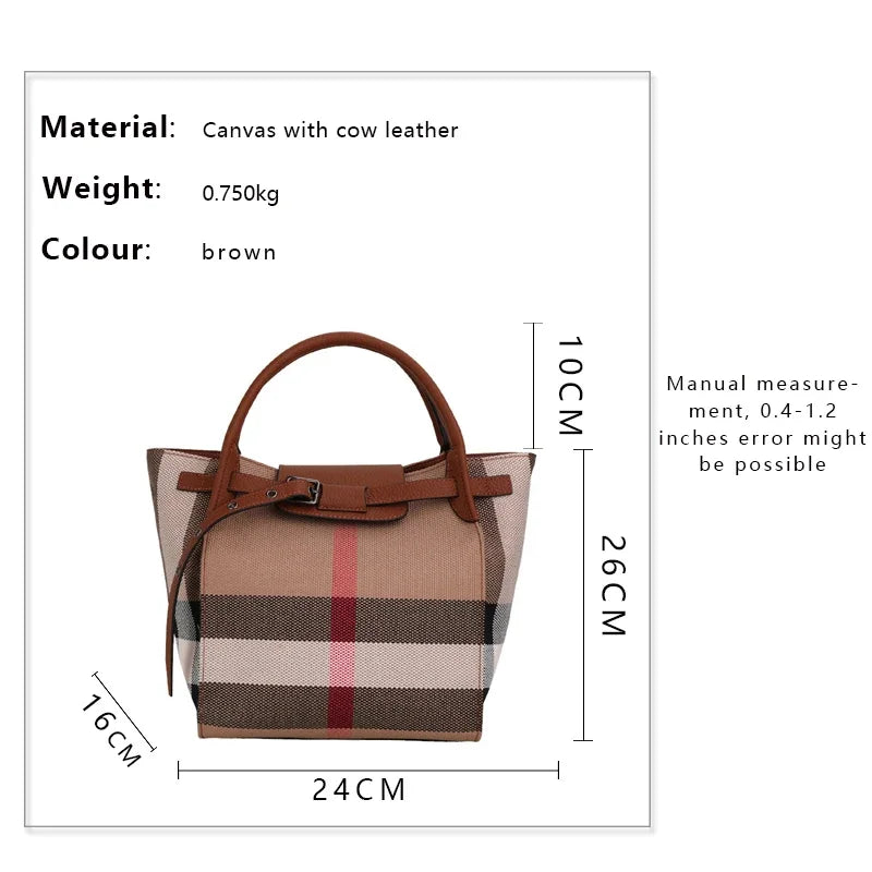 Ladies Top Layer Leather Tote Bag, Plaid Stripe Patchwork Design, Multi-Pocket Handbag Equipped with Adjustable Strap for Travel