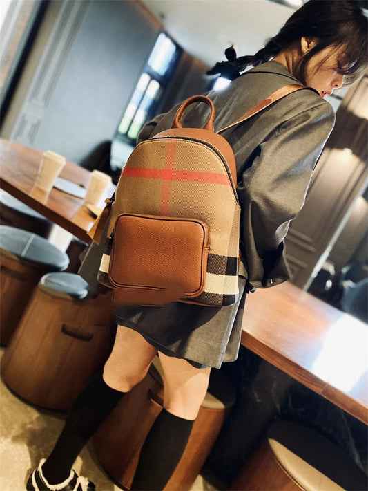 Genuine Cowhide New Women Backpack, Aidrani Plaid Leather Rucksack, Casual Shoulder Bag for Travel Work Daily Use