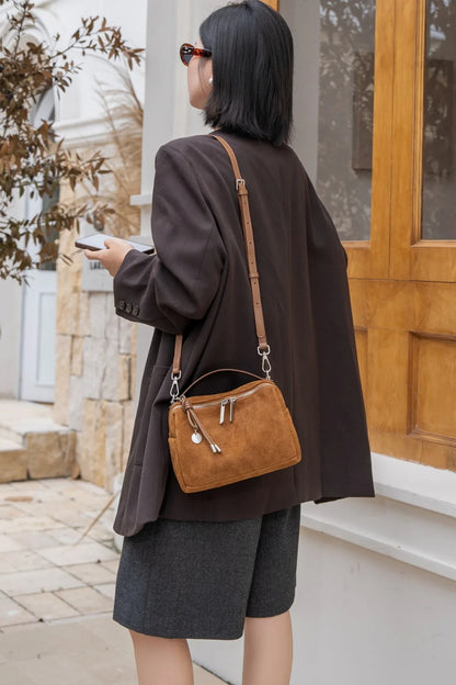 Suede Matte Leather Top Handle Crossbody Bag, Aidrani Retro Mini Handbag, Women Purse with Detachable Strap for Daily Use