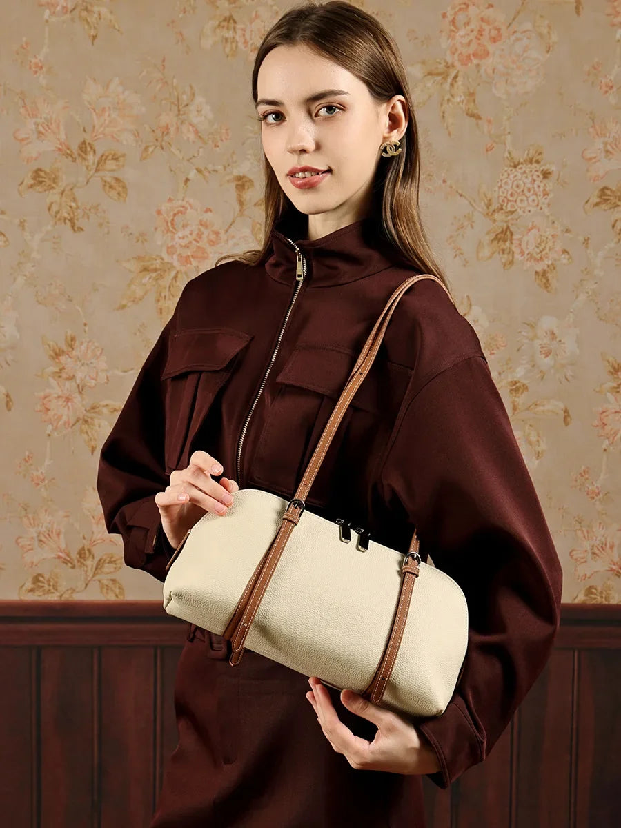 Aidrani Cowhide Retro Underarm Purse, Color Block Splicing, Adjustable Long Strap, Multi Inner Pockets, Fashion Ladies Daily