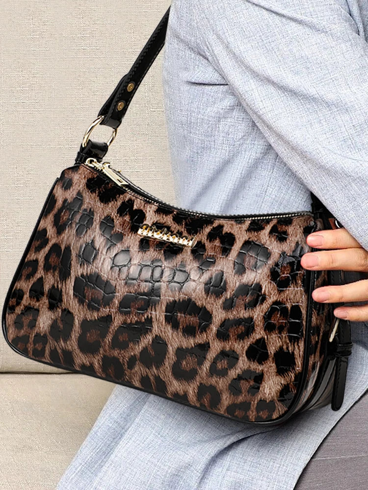 Aidrani Leopard & Croc Embossed Cowhide Women Shoulder Bag, Multi-Pocket Hobo Bag, Adjustable Strap