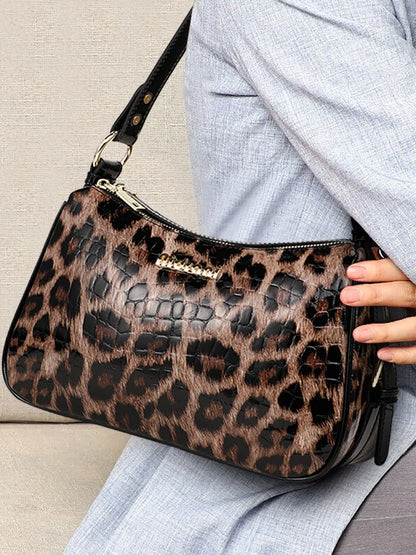 Aidrani Leopard & Croc Embossed Cowhide Women Shoulder Bag, Multi-Pocket Hobo Bag, Adjustable Strap