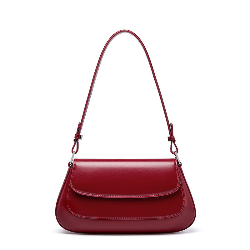 Genuine Cowhide Womens Underarm Crossbody Bag,Glossy Plain Leather Flap Long Purse,Adjustable Strap Vintage Commute Handbag