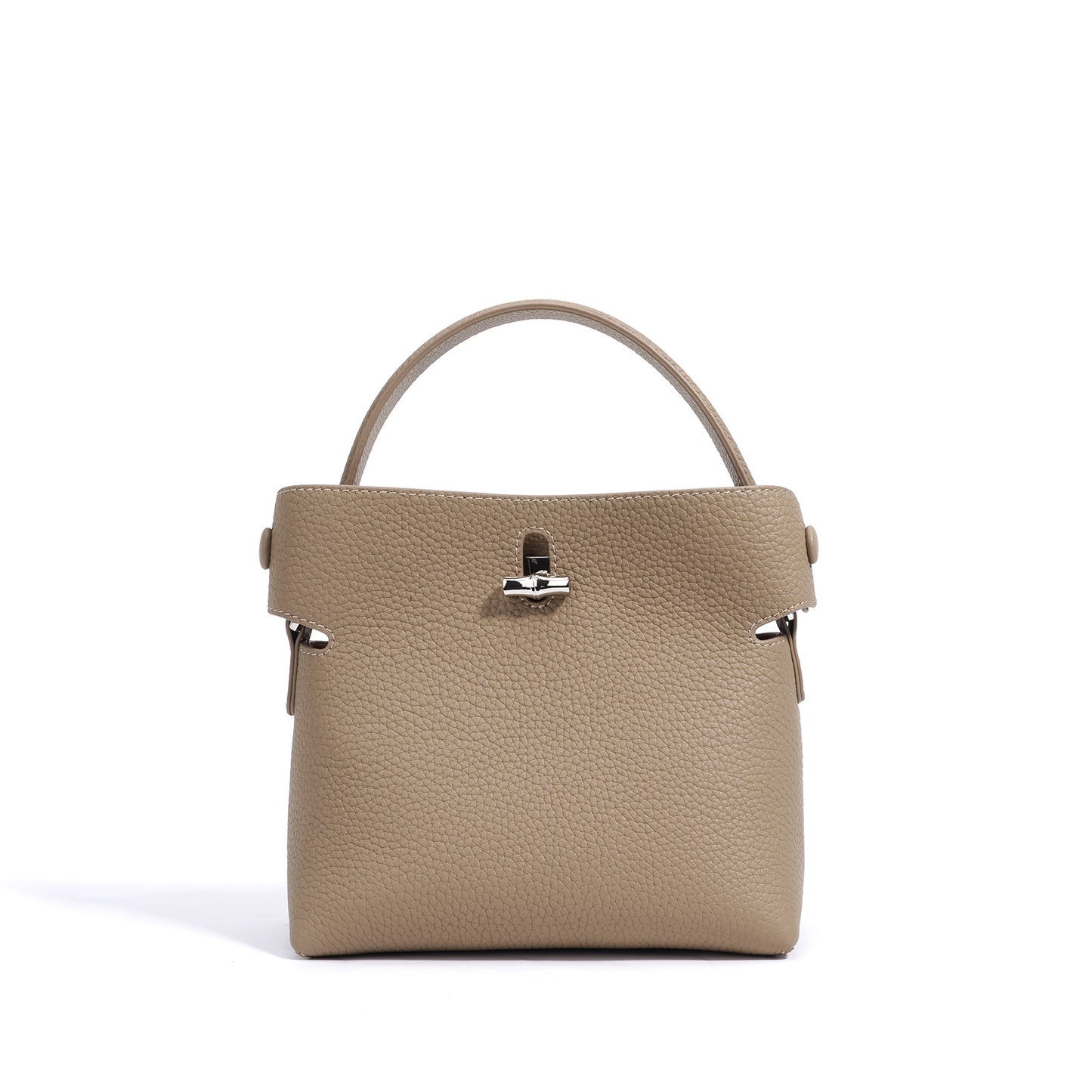 Genuine Cowhide Pebbled Mini Bucket Handbag,Detachable Adjustable Crossbody Strap Twist Lock Multi Compartment Womens Two Way Carry Purse