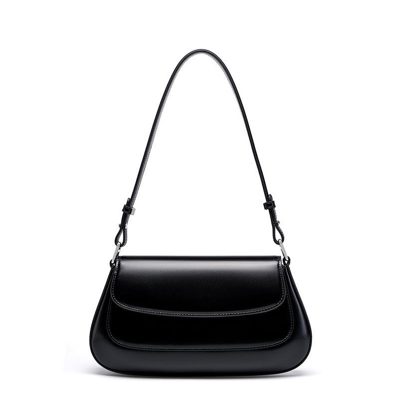 Genuine Cowhide Womens Underarm Crossbody Bag,Glossy Plain Leather Flap Long Purse,Adjustable Strap Vintage Commute Handbag