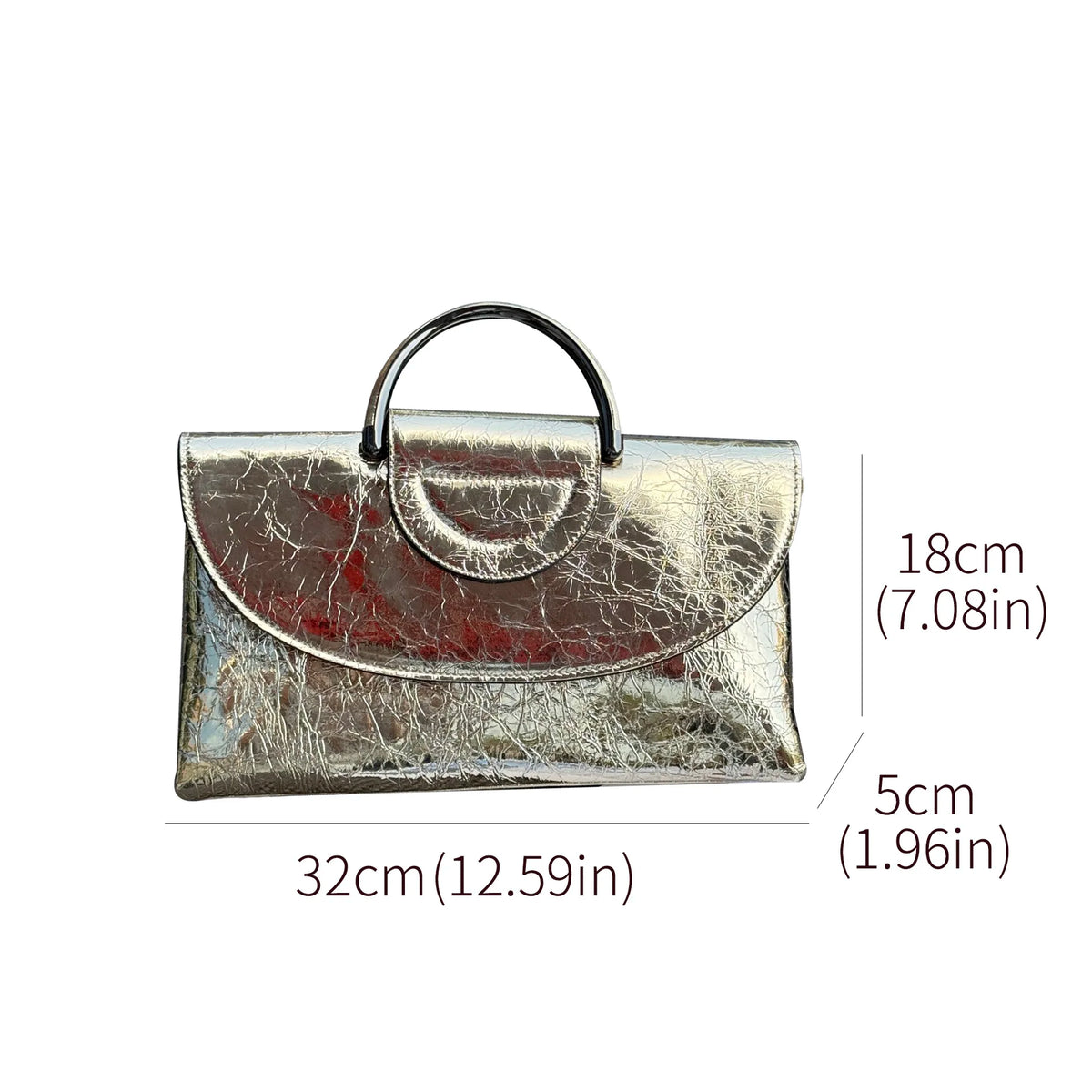 Genuine Cowhide Women Clutch Bag, Glossy Crinkled Leather with Metal Ring Top Handle, Aidrani Elegant Evening Shoulder Purse