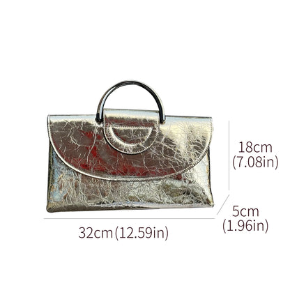 Genuine Cowhide Women Clutch Bag, Glossy Crinkled Leather with Metal Ring Top Handle, Aidrani Elegant Evening Shoulder Purse