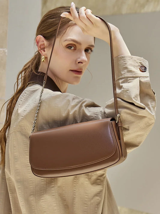 Aidrani Cowhide Women Shoulder Bag, Retro Flap Crossbody Purse, Chain Adjustable Strap, Minimalist Solid‑Color Handbag for Daily
