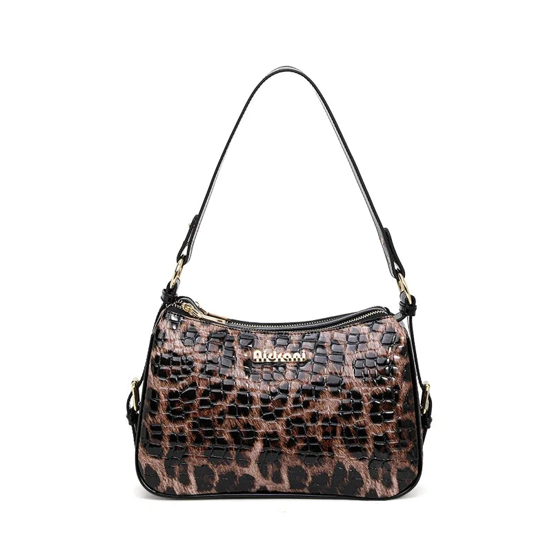 Aidrani Leopard & Croc Embossed Cowhide Women Shoulder Bag, Multi-Pocket Hobo Bag, Adjustable Strap