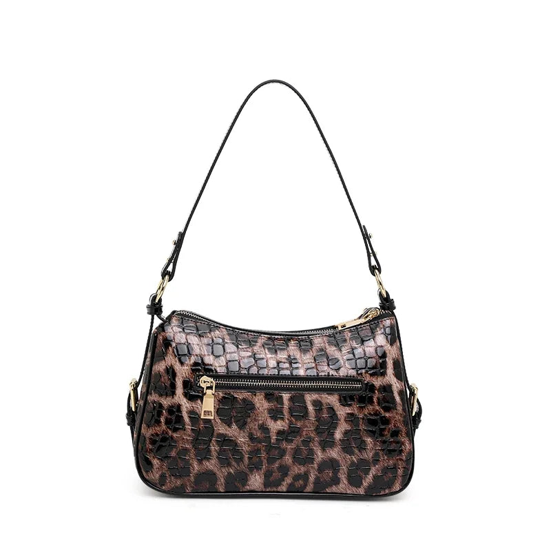 Aidrani Leopard & Croc Embossed Cowhide Women Shoulder Bag, Multi-Pocket Hobo Bag, Adjustable Strap