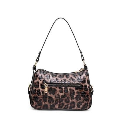 Aidrani Leopard & Croc Embossed Cowhide Women Shoulder Bag, Multi-Pocket Hobo Bag, Adjustable Strap