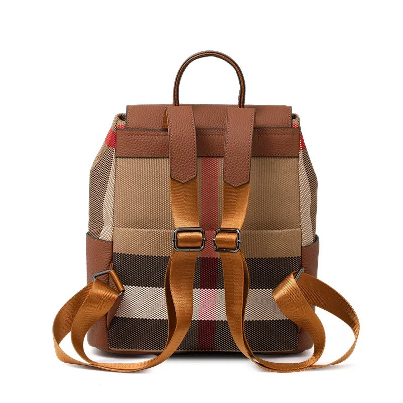Aidrani Women's New Style Fashion Plaid Large-Capacity Casual Genuine Leather Backpack, Simple and Popular Travel Bag