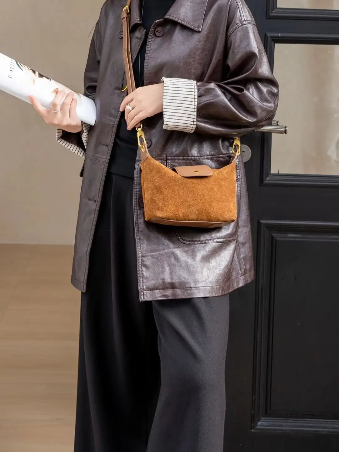 Top Layer Cowhide Suede Matte Flap Bag, Aidrani Vintage Top Handle Handbag, Women Casual Purse for Shopping Travel Office