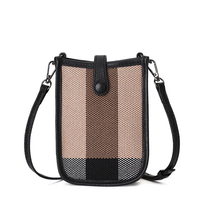 Aidrani Genuine Cowhide Women Small Sling Phone Bag, Plaid Fabric Crossbody Handbag, Lightweight Mini Shoulder Purse for Travel