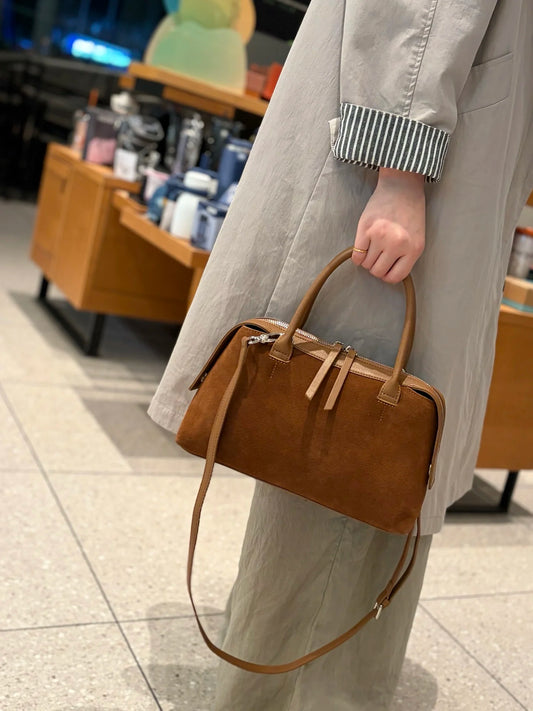 Top Layer Cowhide Suede Matte Top Handle Bag, Aidrani Vintage Shoulder Handbag, Women Crossbody Purse for Shopping Travel Office