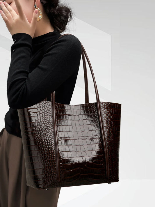 Aidrani Genuine Cowhide Women Tote Bag, Crocodile‑Embossed Large Capacity Shoulder Handbag, Office Work Business Daily Shopping