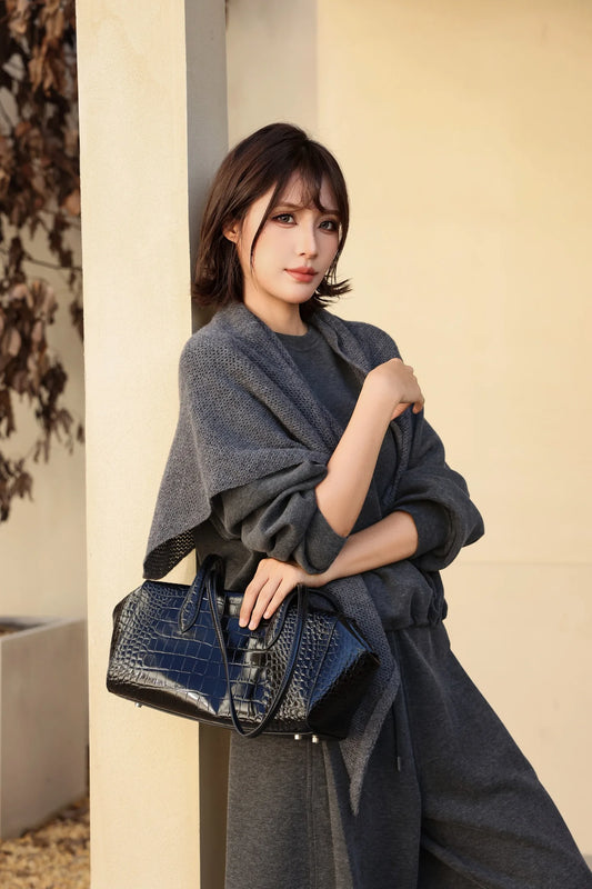 genuine cowhide Embossed Croc Handbag, Aidrani Retro Large Shoulder Bag, Casual Purse for Women Daily Shopping Use