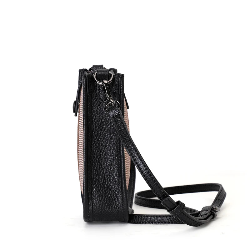 Aidrani Genuine Cowhide Women Small Sling Phone Bag, Plaid Fabric Crossbody Handbag, Lightweight Mini Shoulder Purse for Travel